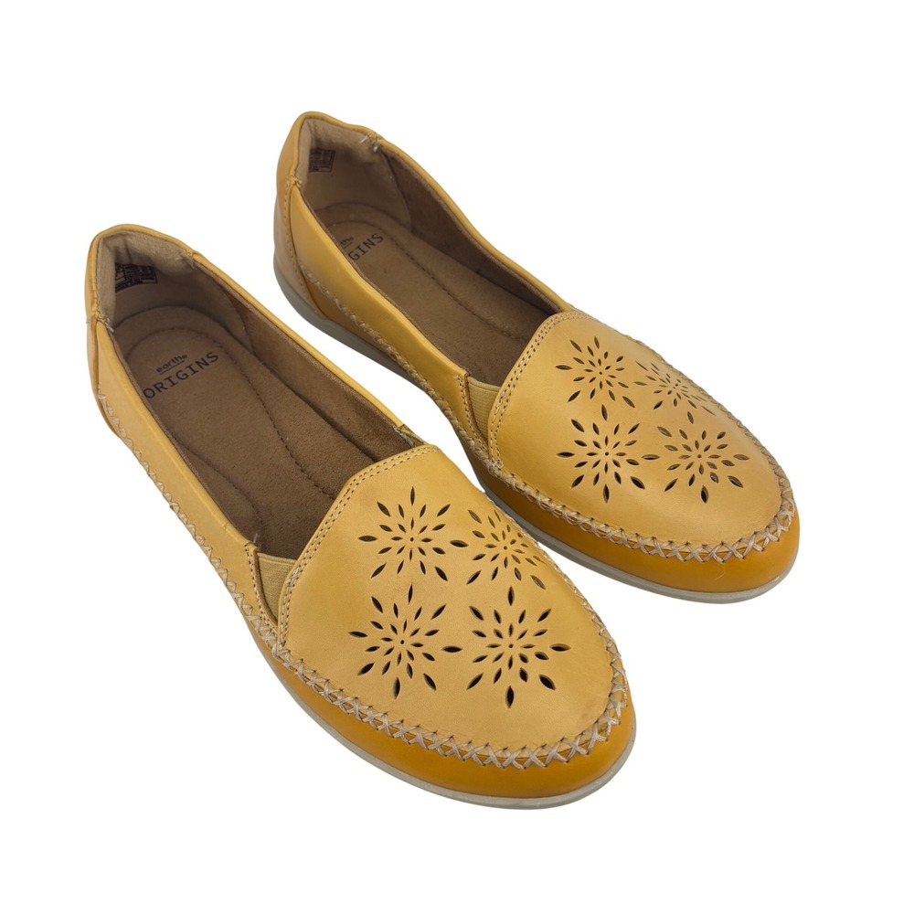 Earth Origins Freya Loafers Yellow Leather Laser Cut Floral Comfort Womens 10